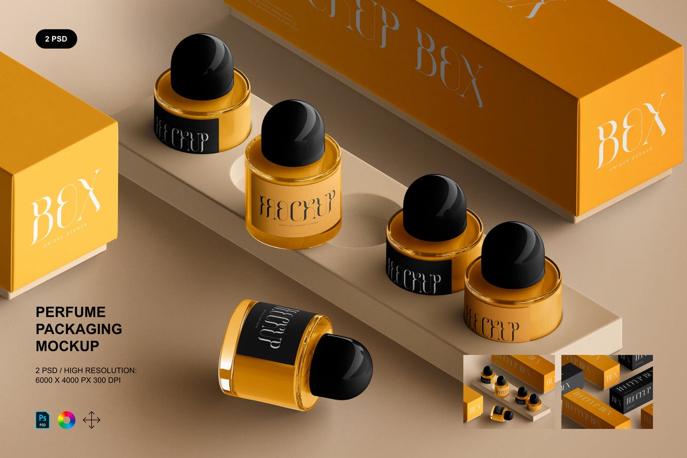 时尚高端专业的高品质香水包装设计VI样机展示模型mockups