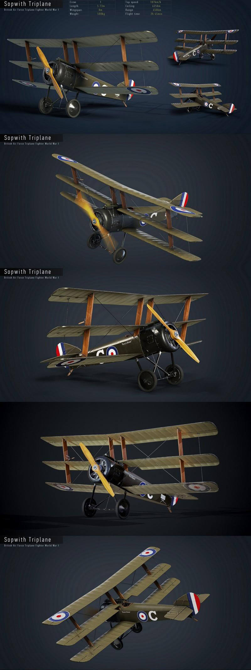 Sopwith Triplane三翼机3D模型（OBJ,FBX,MAX）