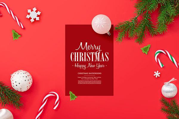圣诞装饰挂件红色背景海报设计素材 (psd)