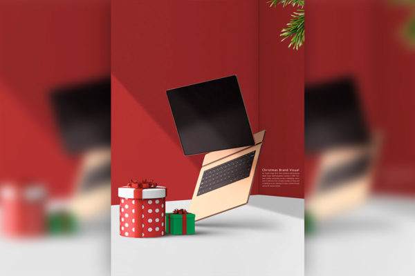 圣诞礼品笔记本电脑品牌推广海报设计模板 (psd)