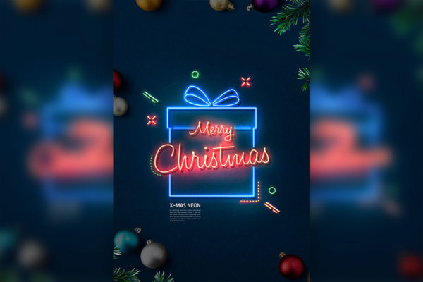 圣诞礼品盒霓虹灯海报设计模板 (psd)