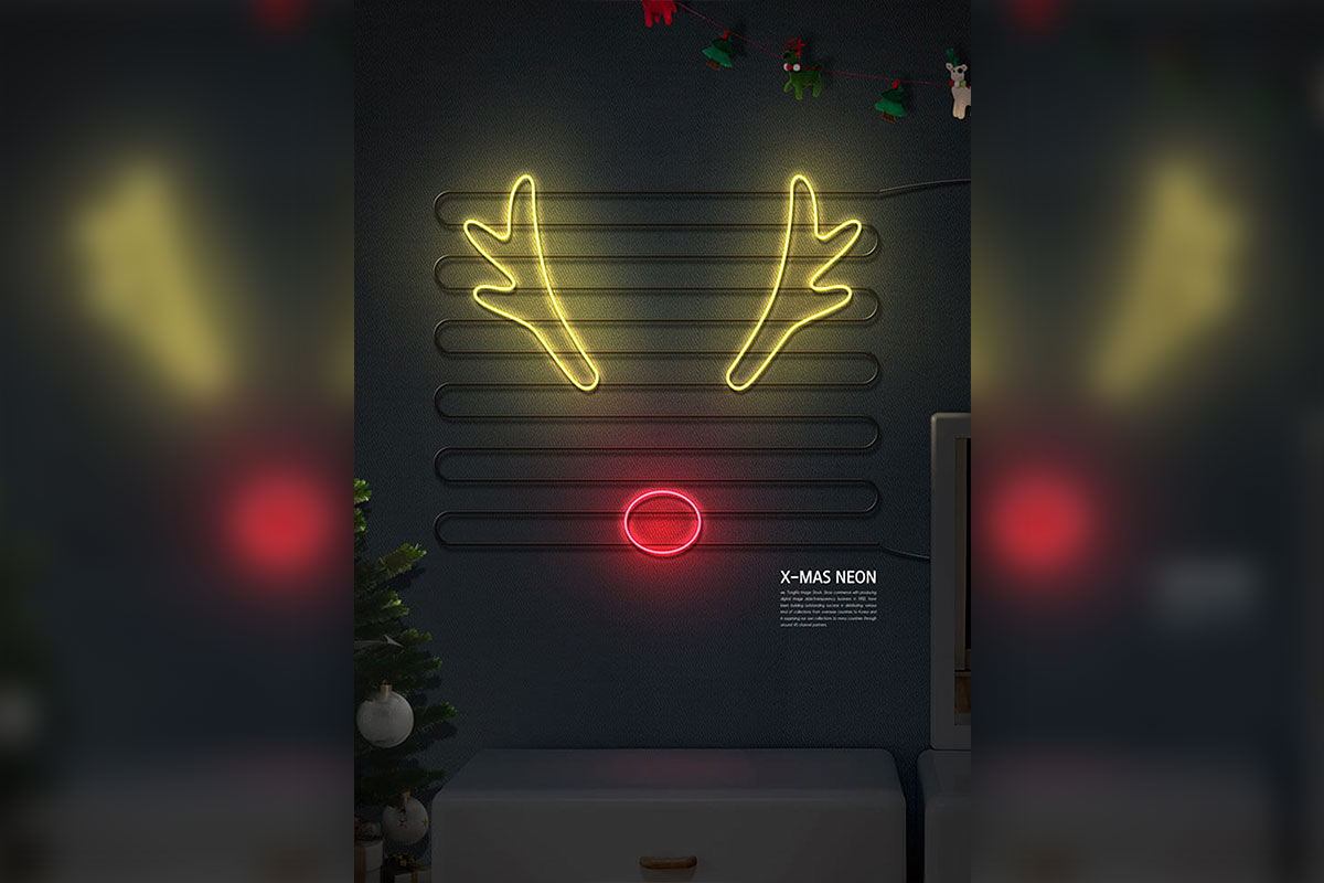 鹿角圣诞主题霓虹灯海报设计模板 (psd)
