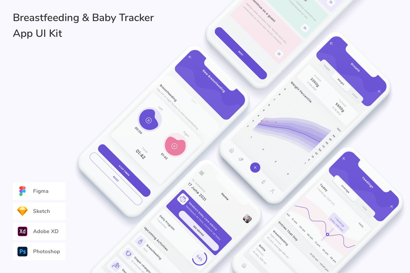 母乳喂养和婴儿追踪 App UI Kit (FIG,PSD,SKETCH,XD)