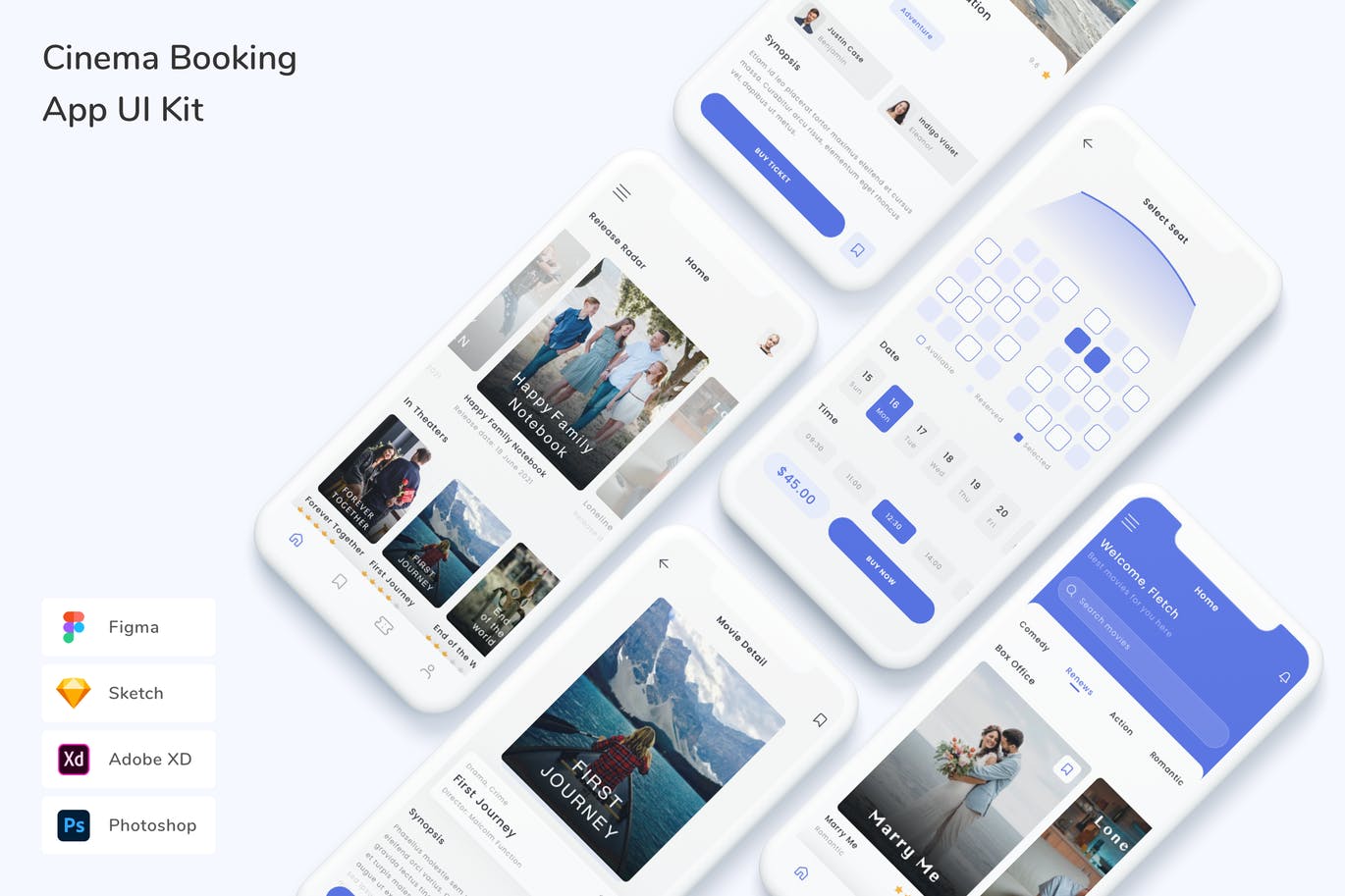 电影预订 App UI Kit (FIG,PSD,SKETCH,XD)