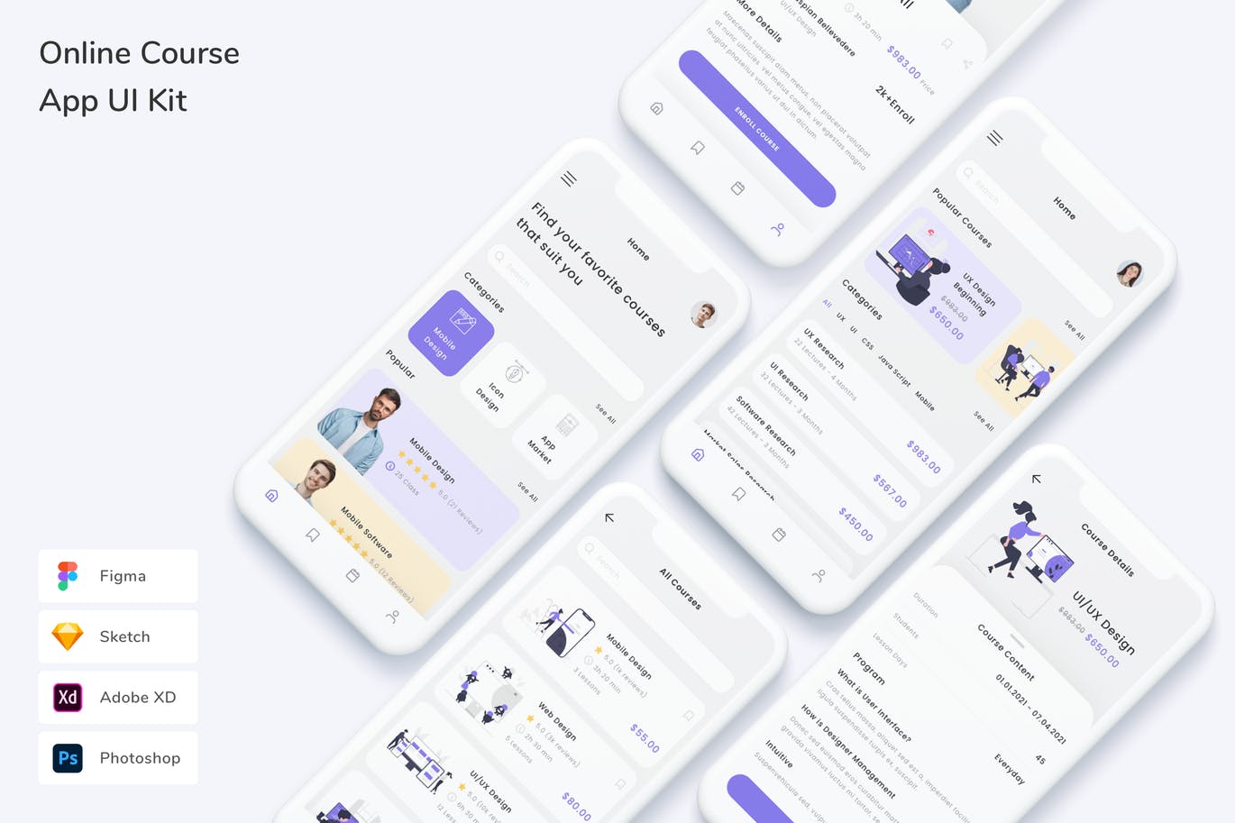 在线课程 App UI Kit (FIG,PSD,SKETCH,XD)