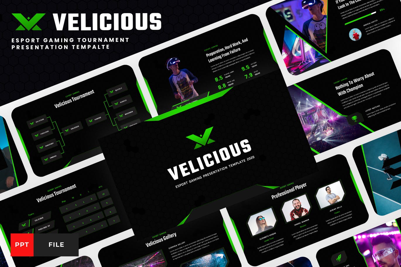 Velicious – 电竞游戏展览PPT模板(PPTX,PDF)