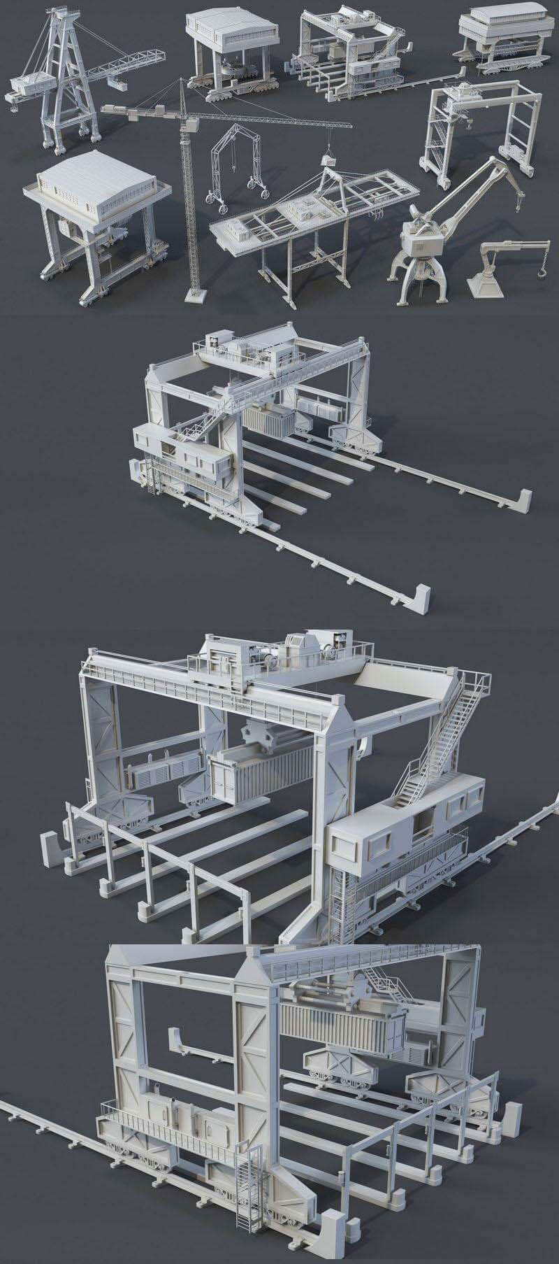 塔式起重机、集装箱起重机、港口起重机吊车3D模型下载（OBJ,FBX,MAX,Blend）