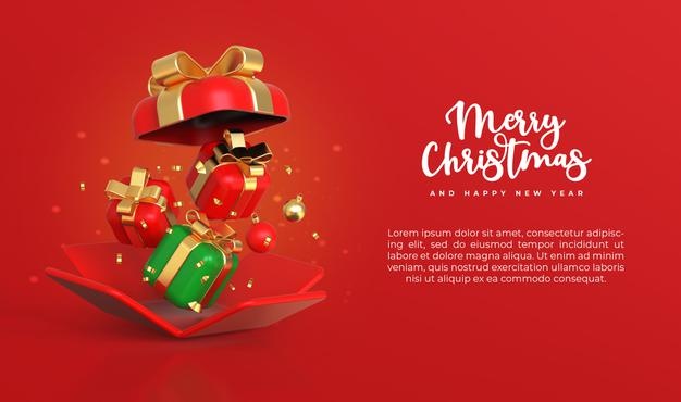 3D礼品盒圣诞新年Banner设计素材[PSD]