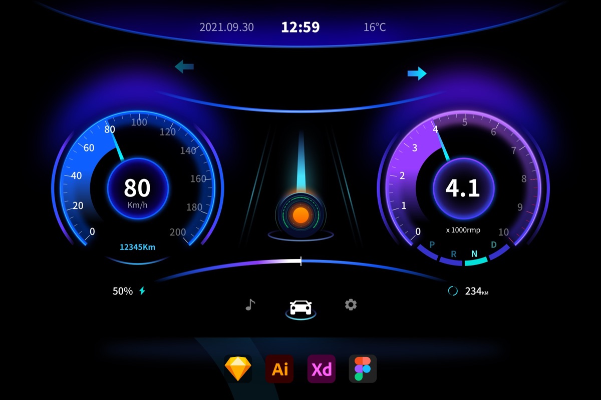 科技感汽车车载导航系统UI大屏光感仪表盘
