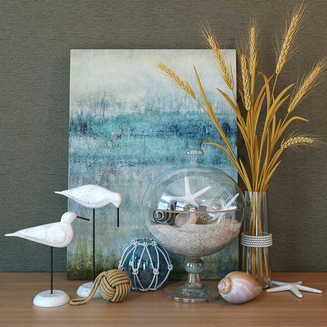 海岸装饰画和海洋主题工艺品及麦束等装饰组合3D模型（MAX）