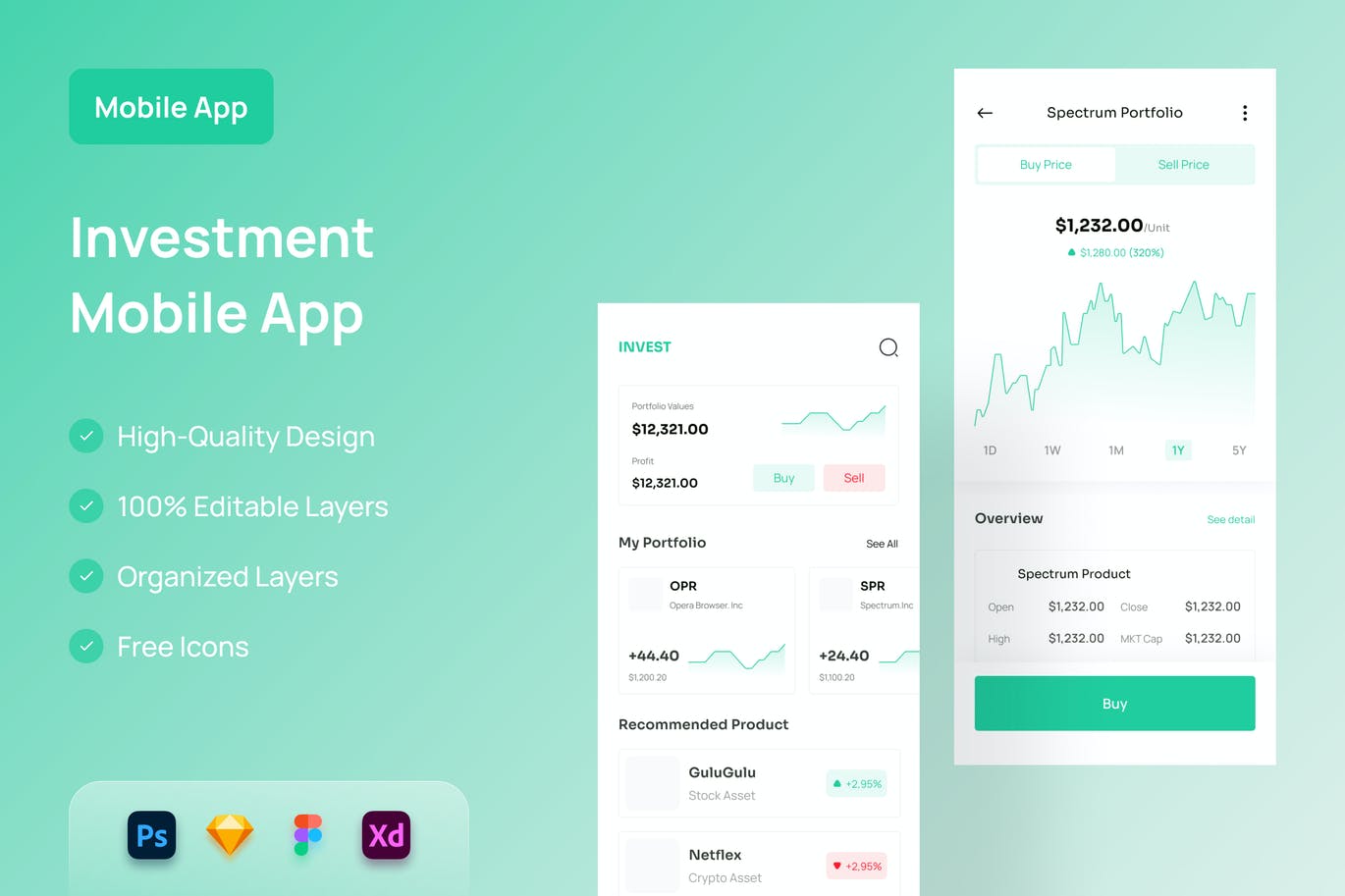 投资移动应用程序-APP UI KIT (PSD,XD,FIG,SKETCH)