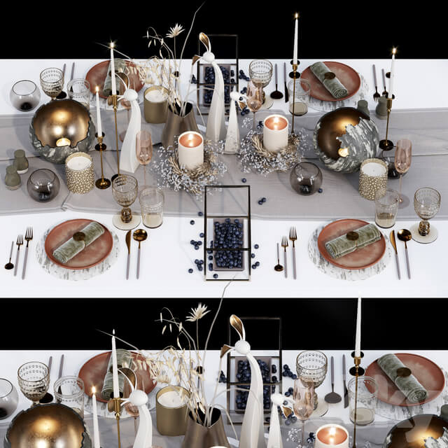 餐桌上精美的餐具和烛台等装饰组合3D模型（OBJ,MAX）