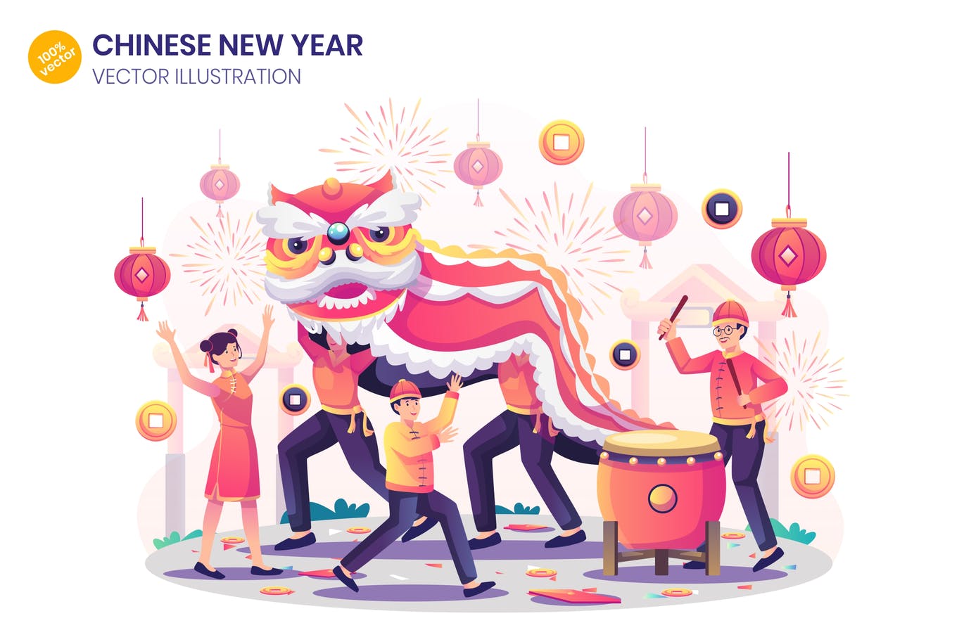 高品质的多用途时尚清新中国春节新年banner插画海报设计模板-AI, EPS, PDF, PNG