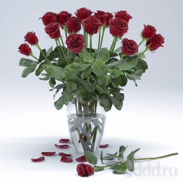玻璃花瓶中的红色玫瑰花束3D模型（FBX,MAX）