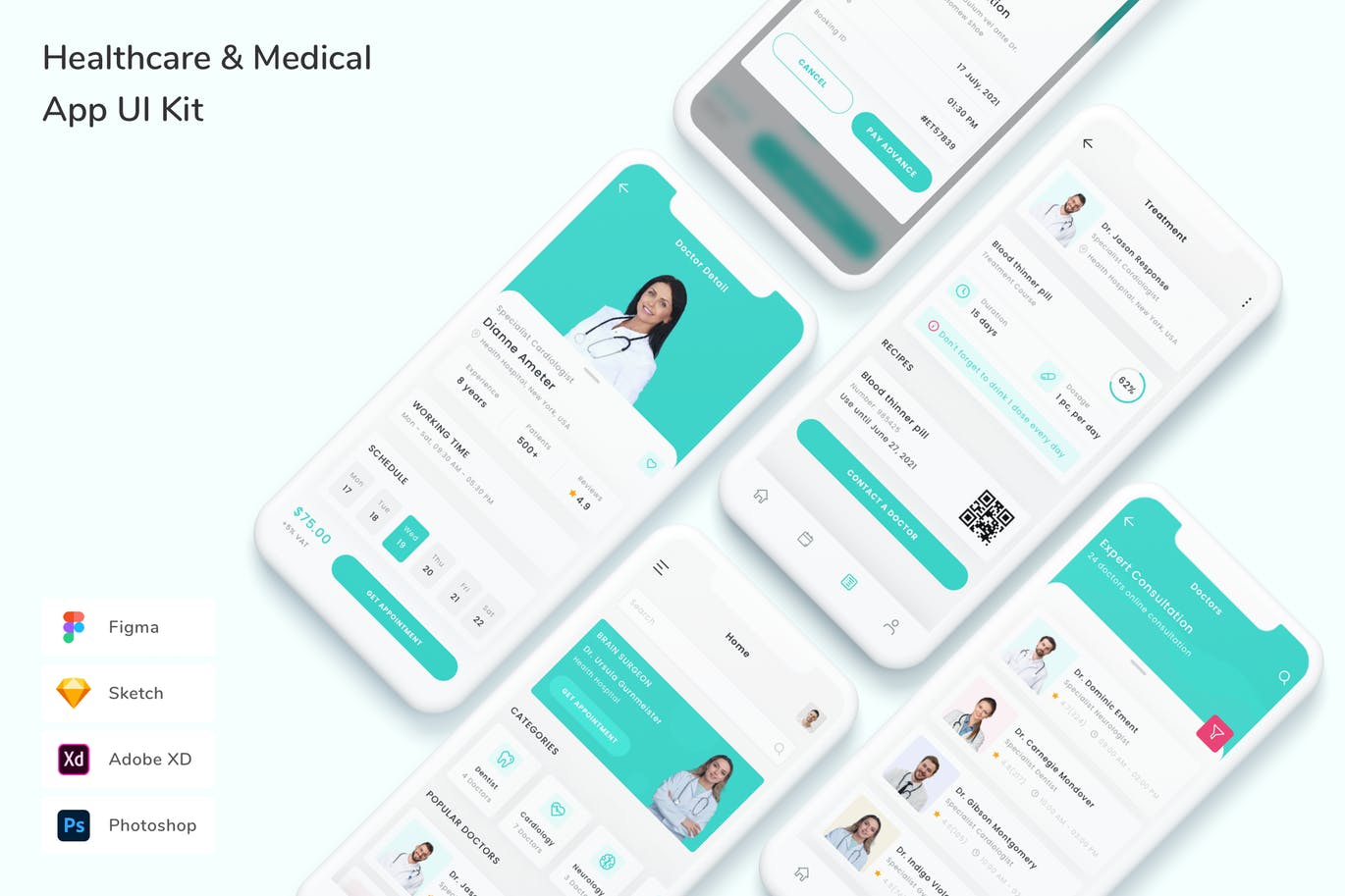 医疗保健和医疗 App UI Kit (FIG,PSD,SKETCH,XD)