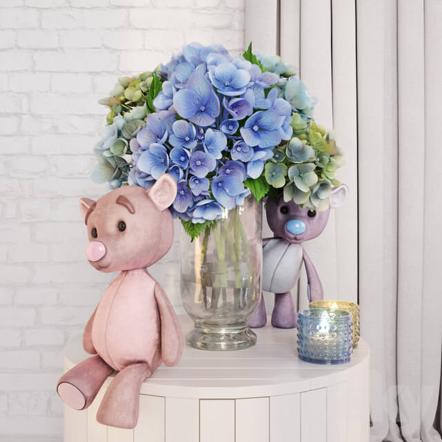 玻璃瓶中的蓝色绣球花束和小熊烛台等装饰组合3D模型（FBX,MAX）