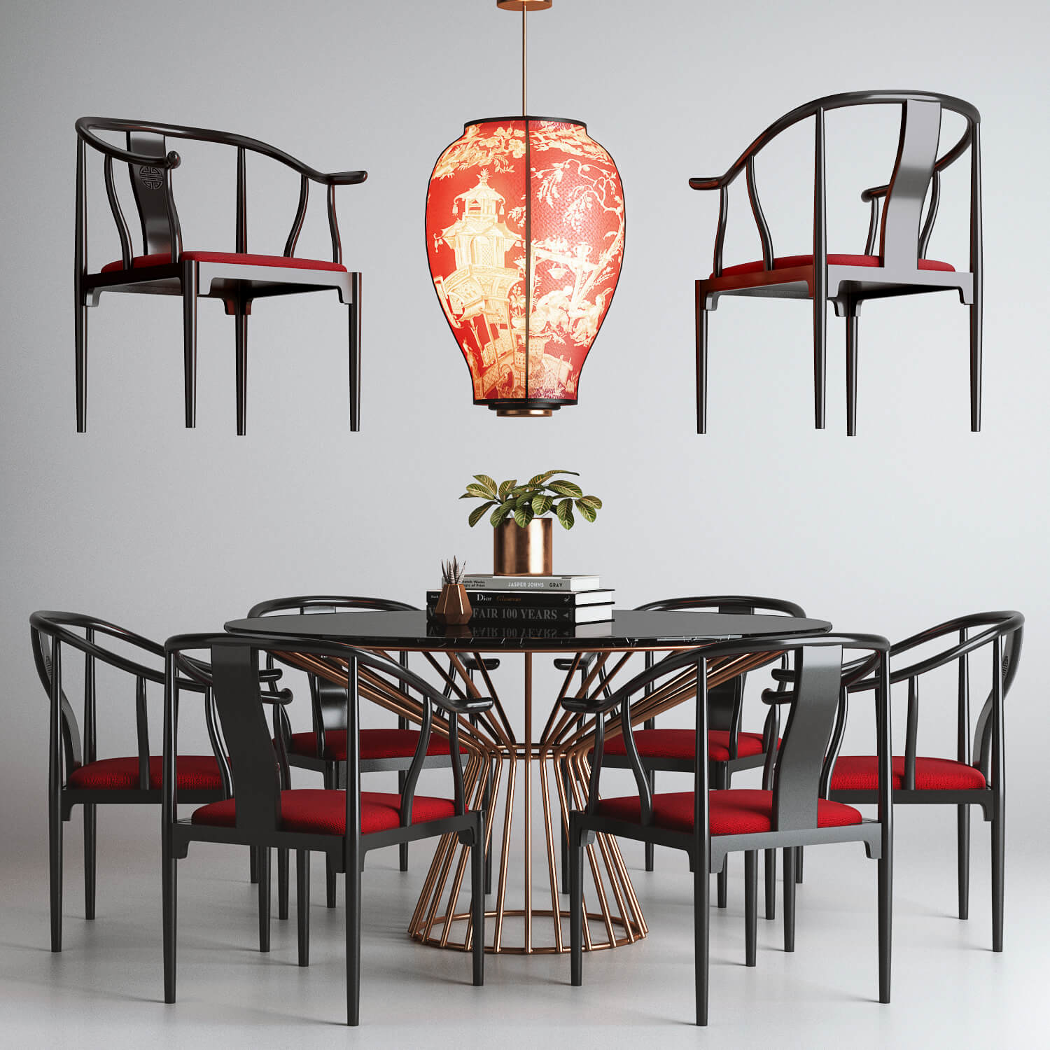 中式餐桌椅和吊灯3D模型（OBJ,FBX,MAX）