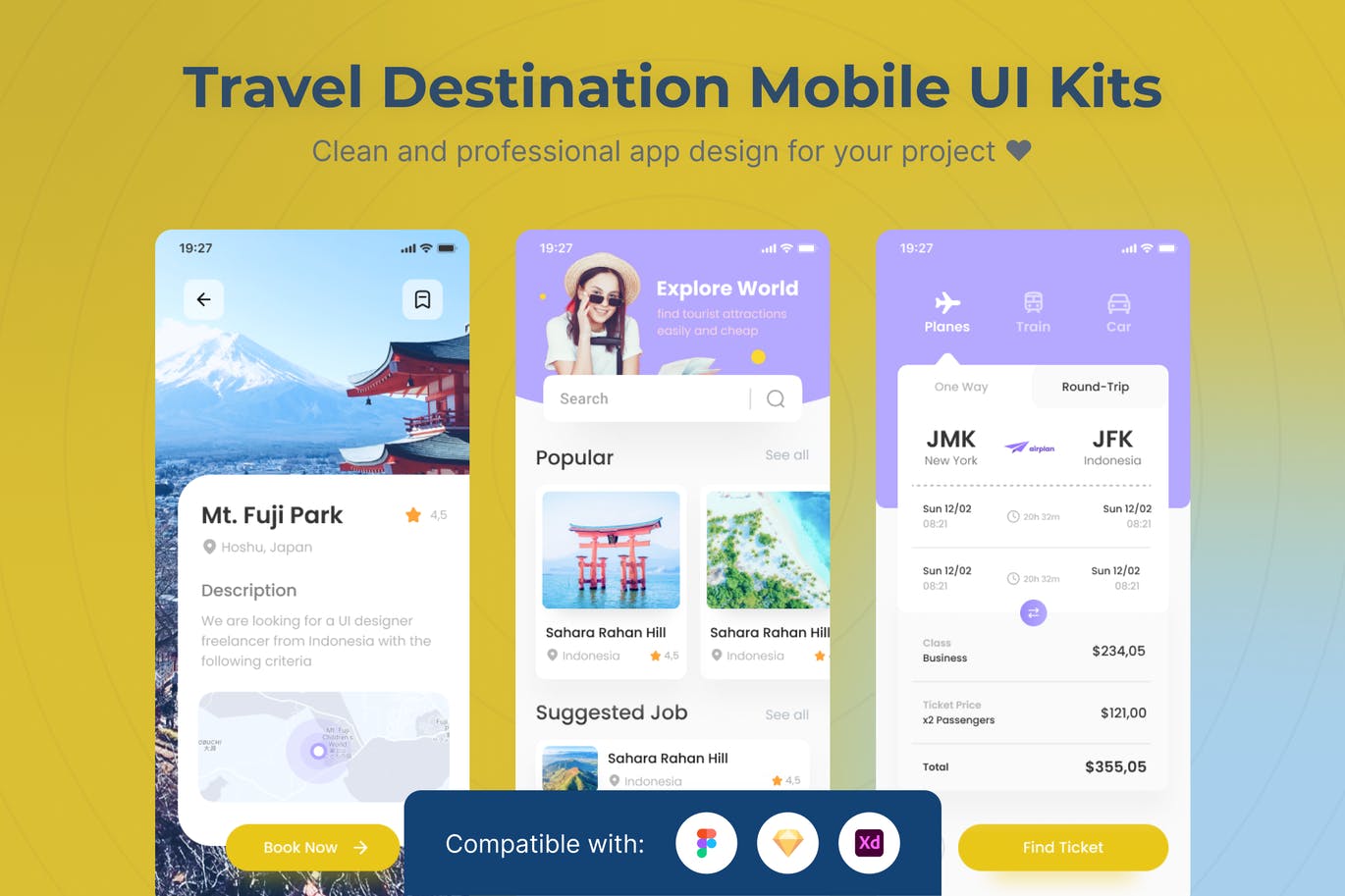 旅游目的地介绍 App UI Kits (FIG,SKETCH,XD)