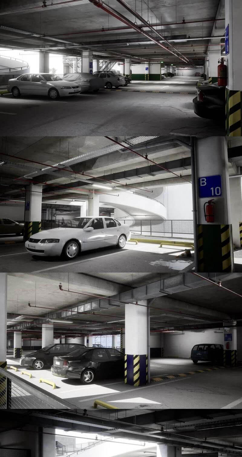 Unreal Engine 典型的室内停车场元素3D模型下载（uasset）