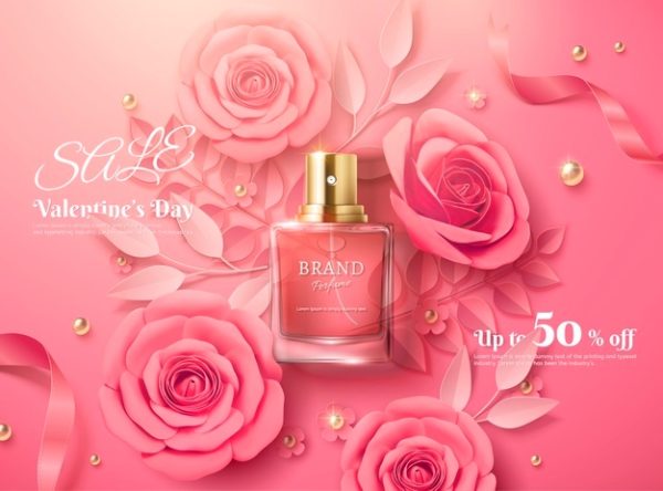 粉色玫瑰香水产品情人节销售活动矢量模板[eps]