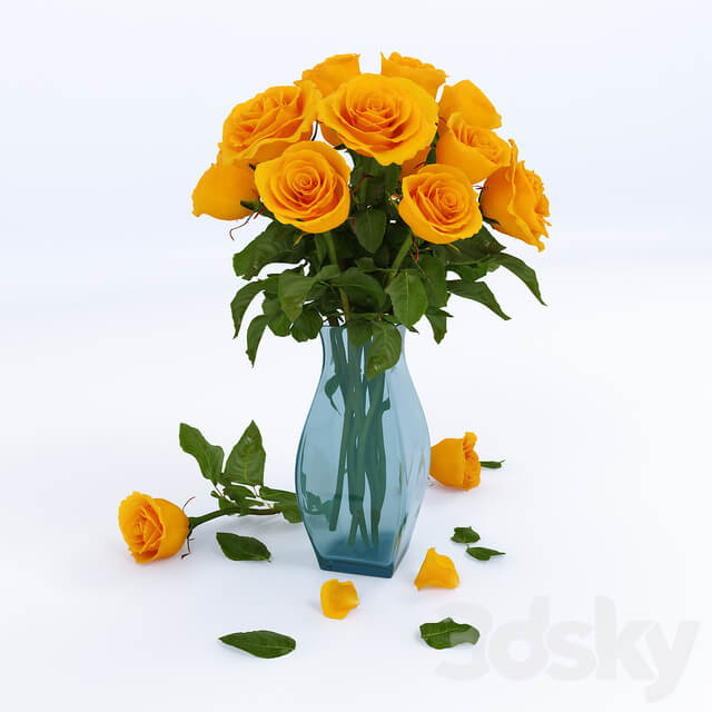 玻璃瓶中的黄色玫瑰花束3D模型（OBJ,FBX,MAX）