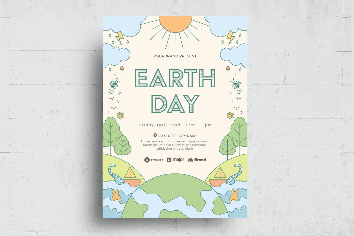 时尚高端清新简约可爱的地球日环保海报设计模板-AI,PSD