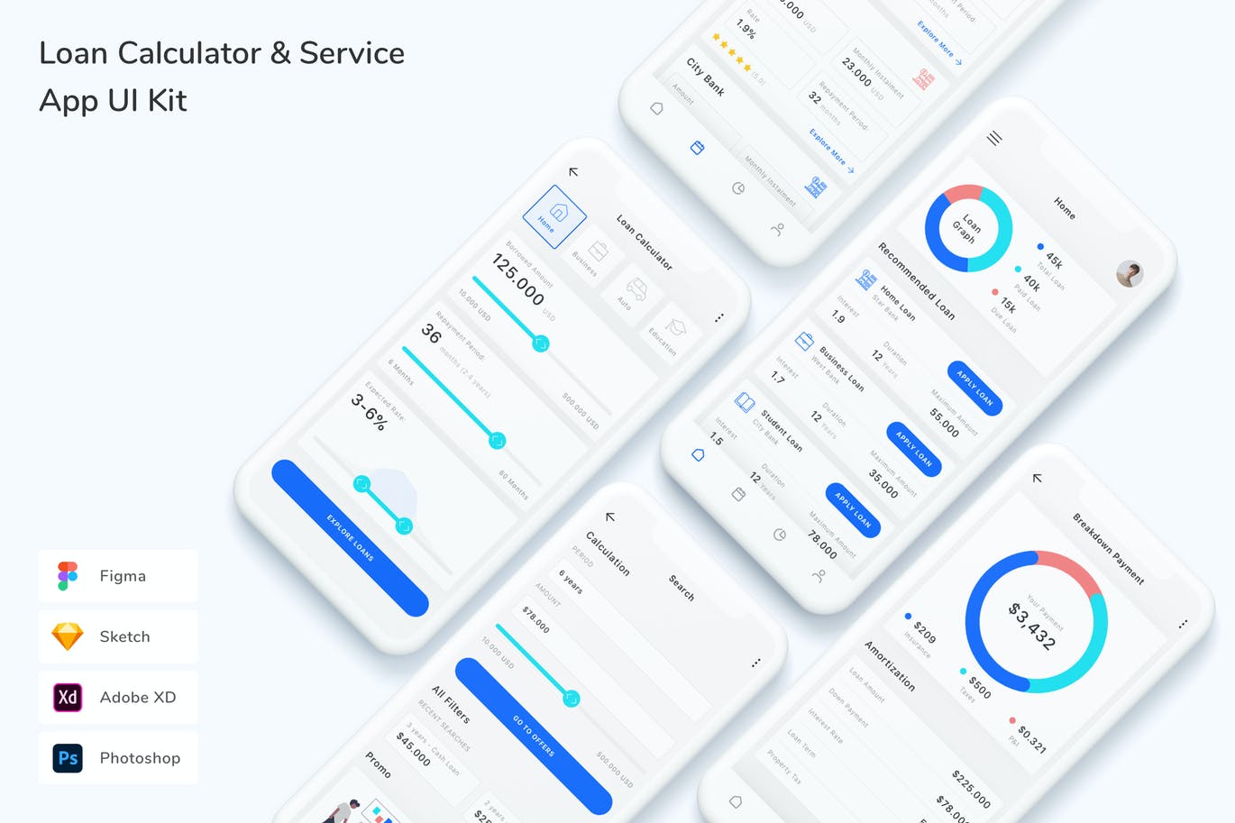 贷款计算器和服务应用程序App UI Kit (FIG,PSD,SKETCH,XD)