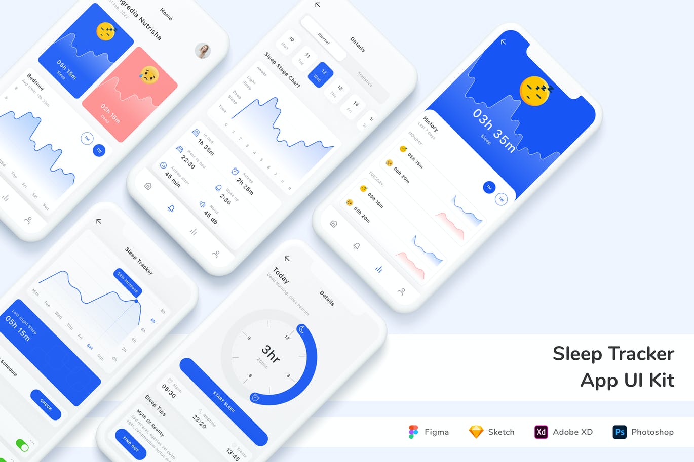 睡眠跟踪器应用程序App UI Kit (FIG,PSD,SKETCH,XD)