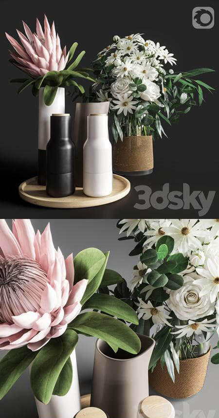 白色玫瑰和粉色帝王花及其它装饰组合3D模型（FBX,MAX）