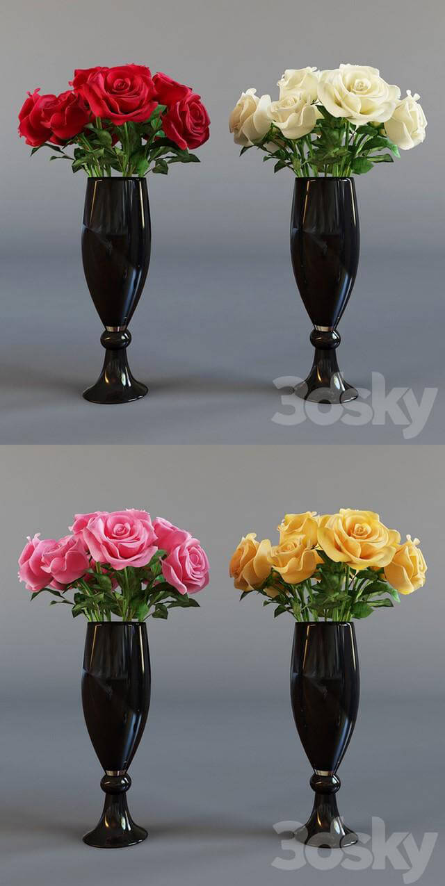 黑色花瓶中的玫瑰花束3D模型（OBJ,FBX,MAX）