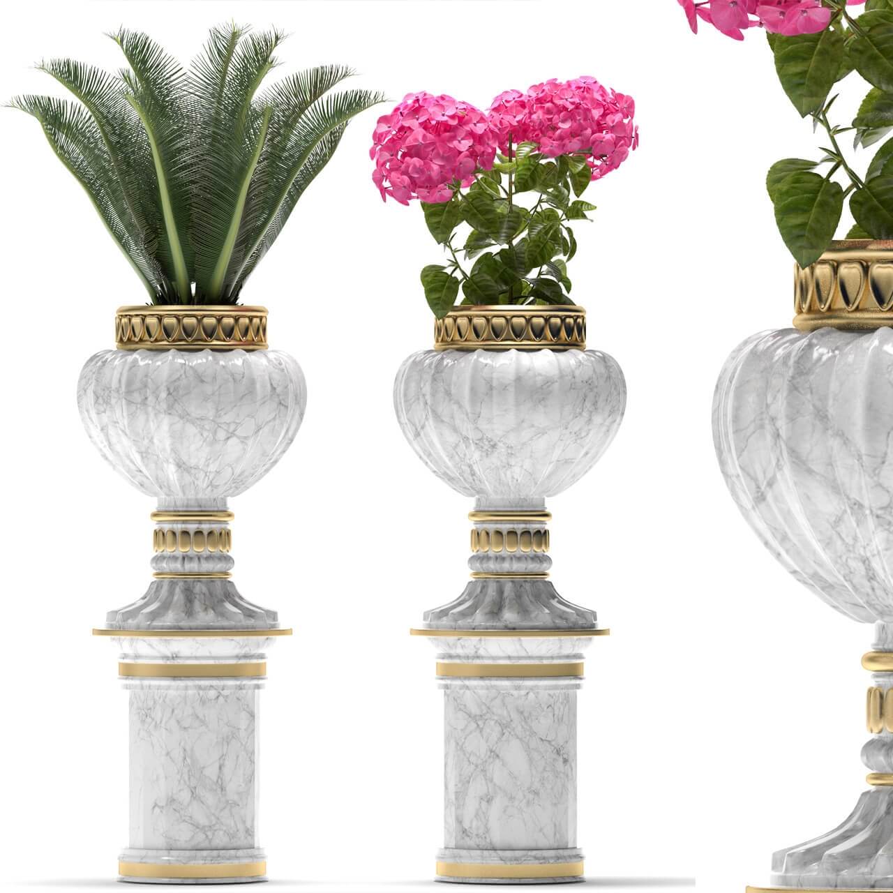 高脚装饰花盆中的红色绣球花和苏铁绿植盆景3D模型（OBJ,FBX,MAX）