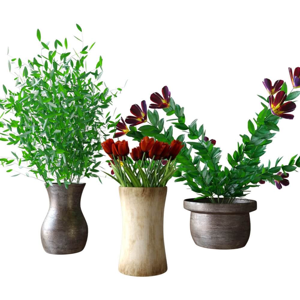 装饰花瓶中的红色郁金香花束和细竹枝3D模型（OBJ,FBX,MAX）