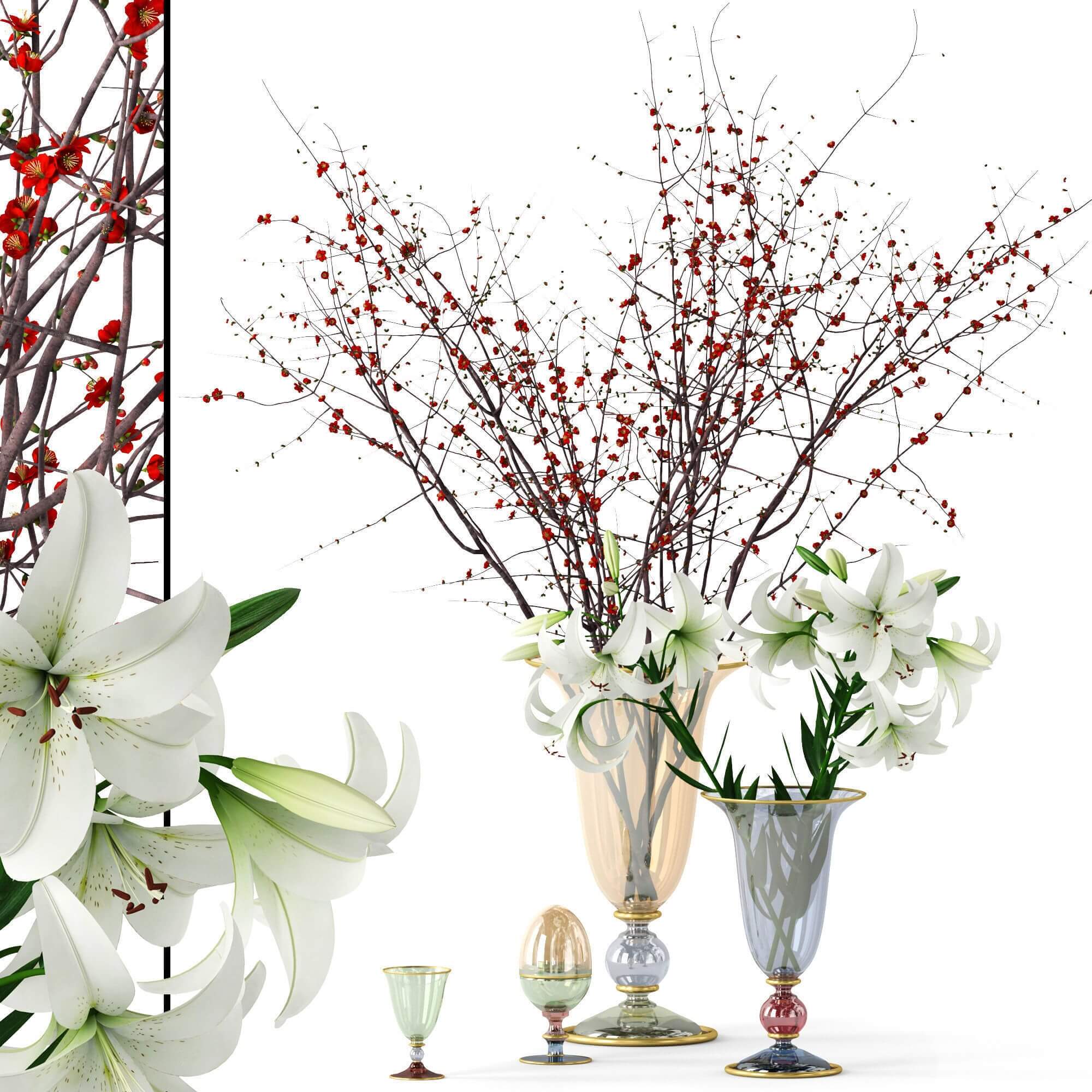 描金花瓶中的百合花束和红色梅花枝3D模型（OBJ,FBX,MAX）