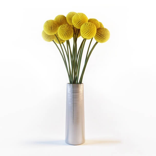 金属高花瓶中的金槌花黄金球花束3D模型（OBJ,FBX,MAX）