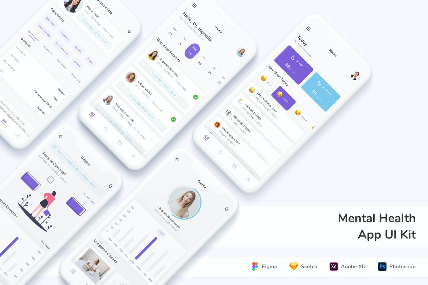 心理健康 App UI Kit (FIG,PSD,SKETCH,XD)