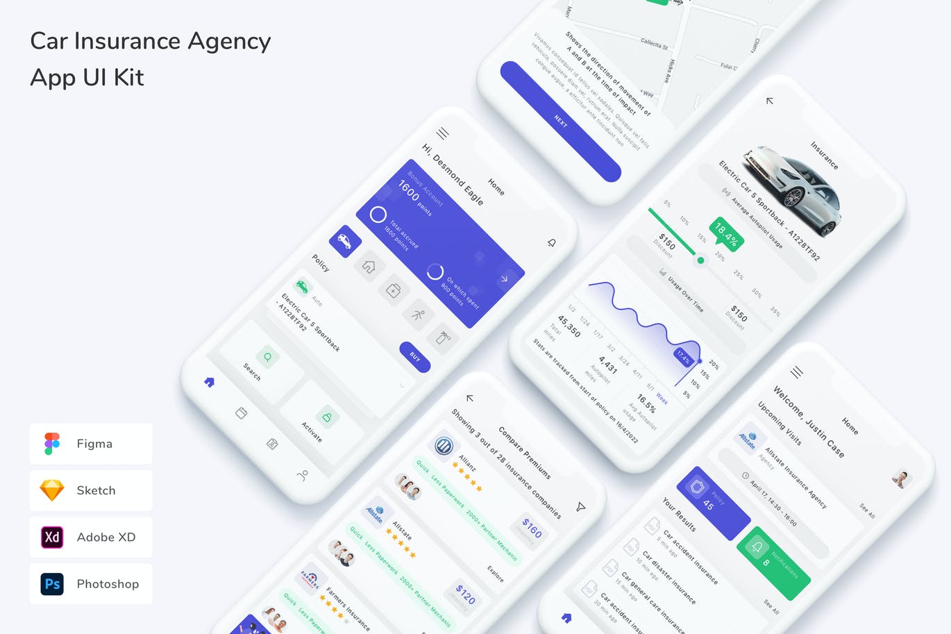 汽车保险代理APP UI KIT (FIG,PSD,SKETCH,XD)