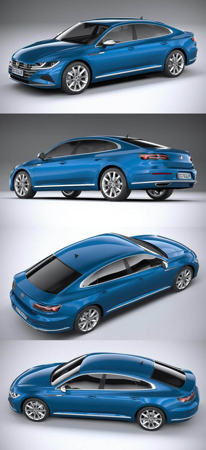 大众Arteon Hybrid 2021款蓝色汽车3D模型（OBJ,FBX,MAX）
