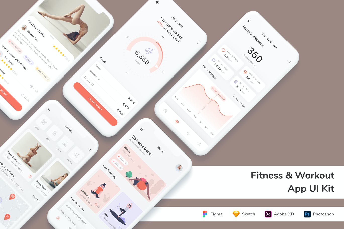 健身和锻炼APP UI KIT (FIG,PSD,SKETCH,XD)