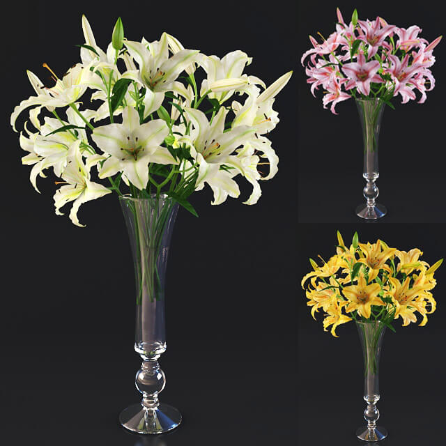 VG高玻璃花瓶中的白色粉色黄色百合花束3D模型（OBJ,FBX,MAX）