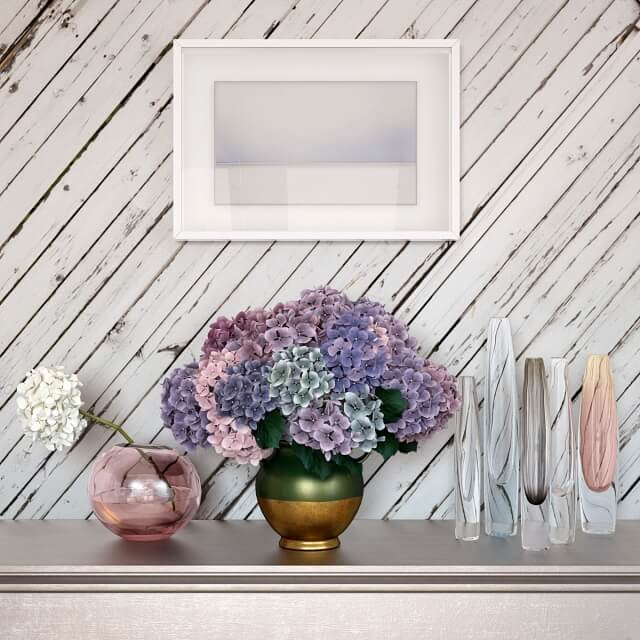 装饰花瓶中的混色绣球花束和玻璃瓶壁画背景墙等装饰组合3D模型（OBJ,FBX,MAX）