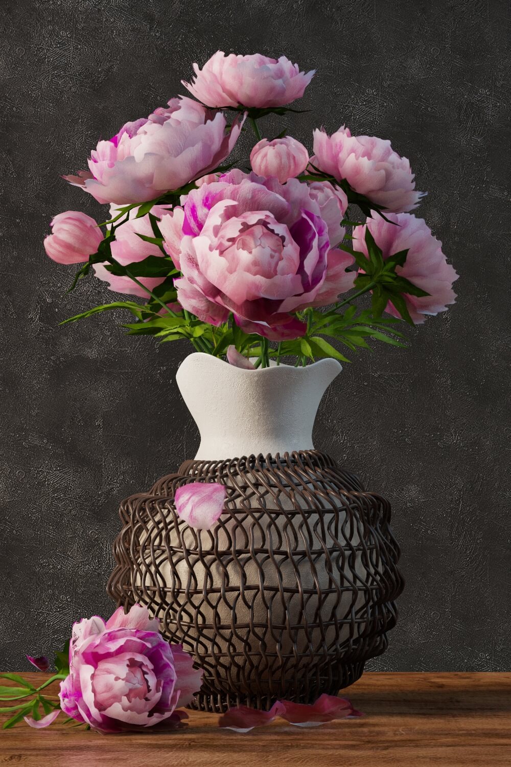 镂空装饰花瓶中的粉色牡丹花束3D模型（OBJ,FBX,MAX）