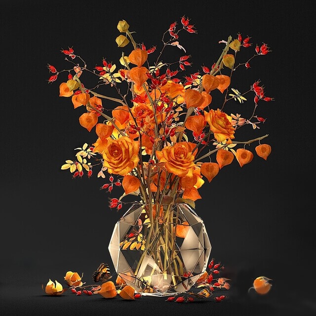 玻璃瓶中的橙色玫瑰和灯笼草花束组合3D模型（OBJ,FBX,MAX）