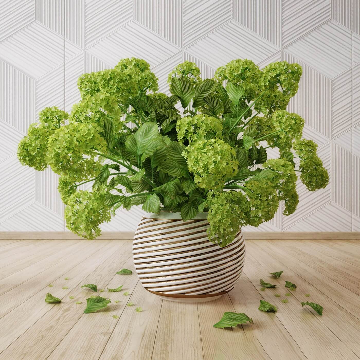 描金装饰花瓶中的绿色绣球花束3D模型（OBJ,FBX,MAX）