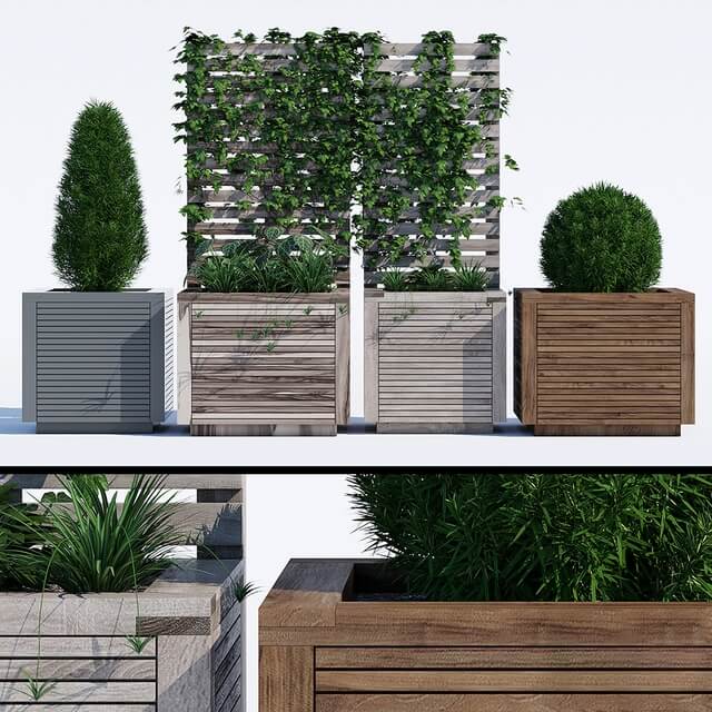 木质方形花坛中的修剪绿植盆景和爬藤架3D模型（OBJ,FBX,MAX）