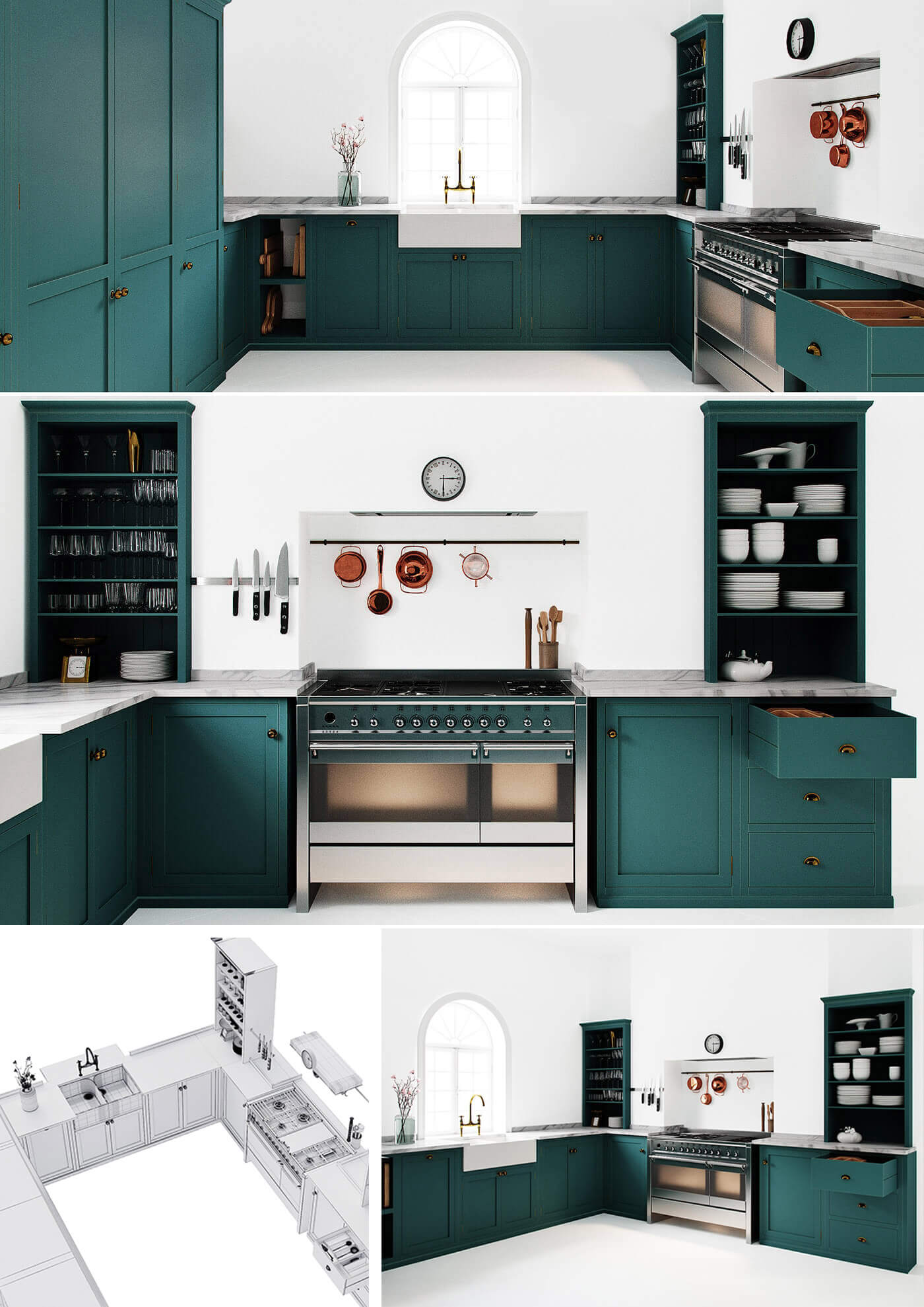 Devol Shaker系列绿色橱柜设计英式厨房设计厨房内部场景3D模型（OBJ,FBX,MAX）