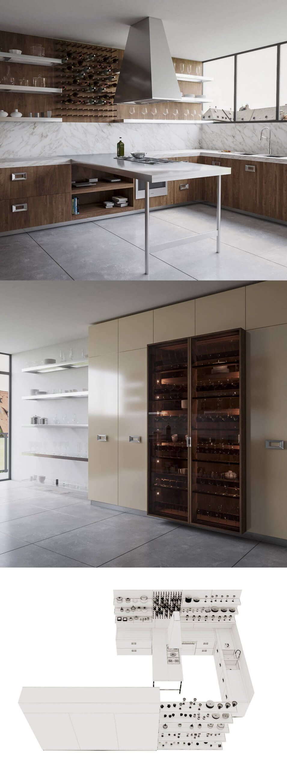 意大利Ernestomeda Barrique系列带酒柜的棕色实木和金属元素搭配的组合橱柜设计厨房设计3D模型（OBJ,FBX,MAX）