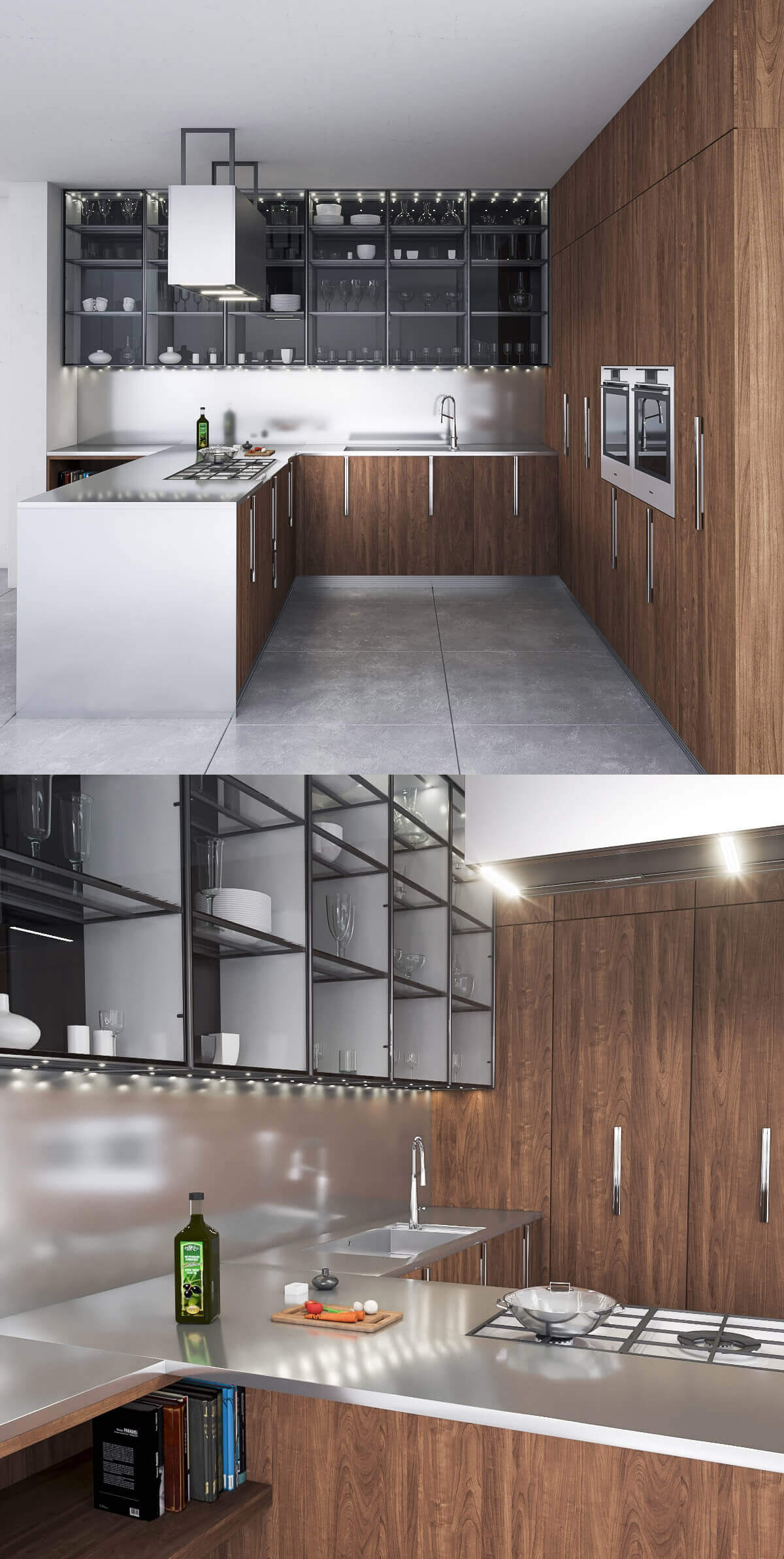 Barrique Cucina棕色实木和金属搭配完整橱柜组合厨房设计3D模型（OBJ,FBX,MAX）
