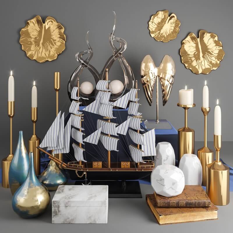 包含帆船和烛台的金色主题装饰组合3D模型（OBJ,FBX,MAX）