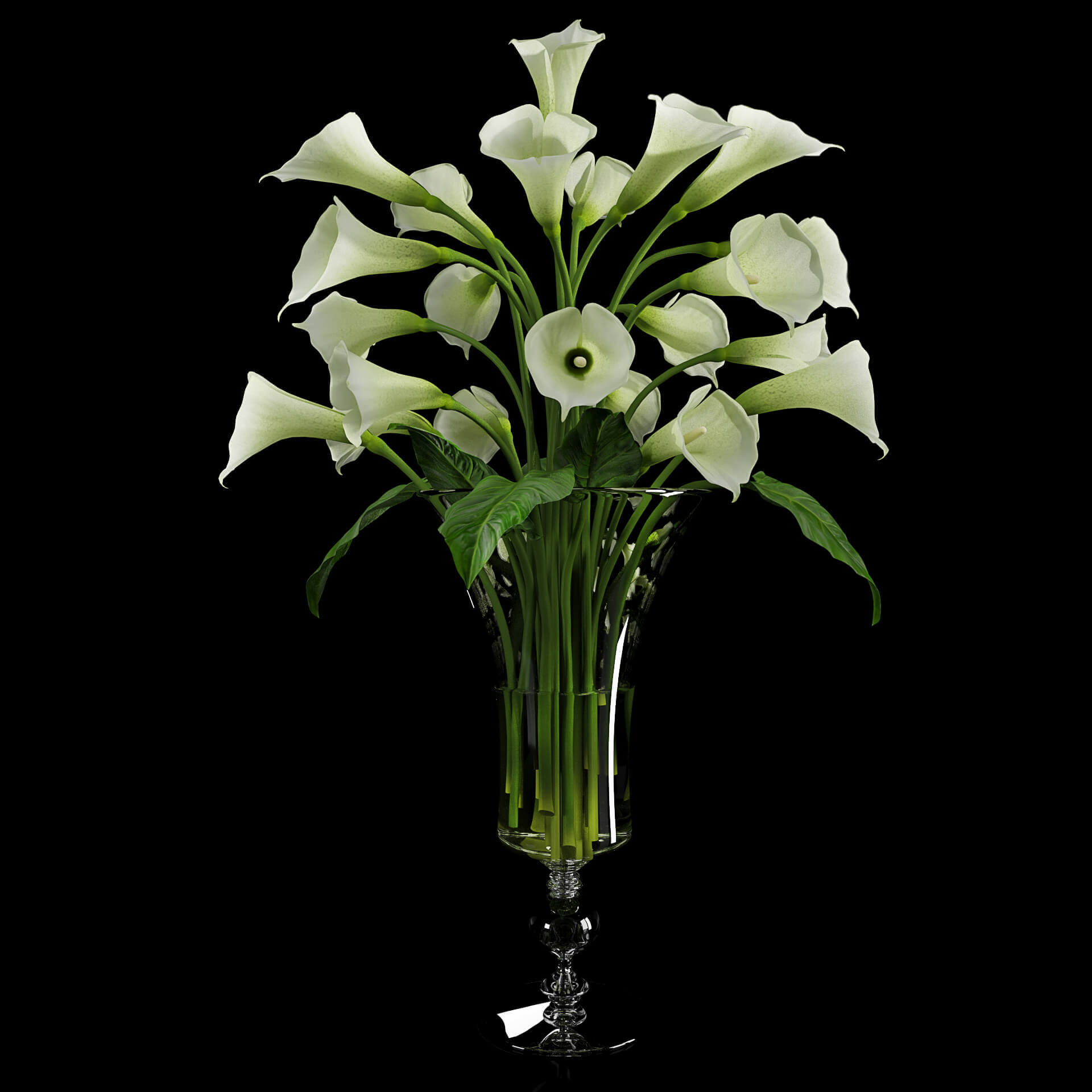 高脚宽口玻璃瓶中的白色马蹄莲花束3D模型（OBJ,FBX,MAX）