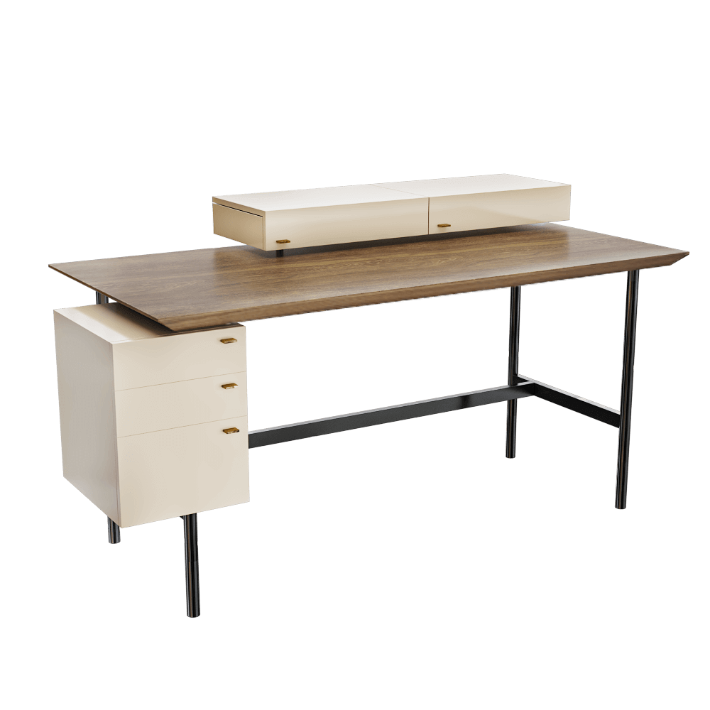 Montreal带浅杏色抽屉的金属腿架棕色木质台面桌子3D模型（OBJ,FBX,MAX）
